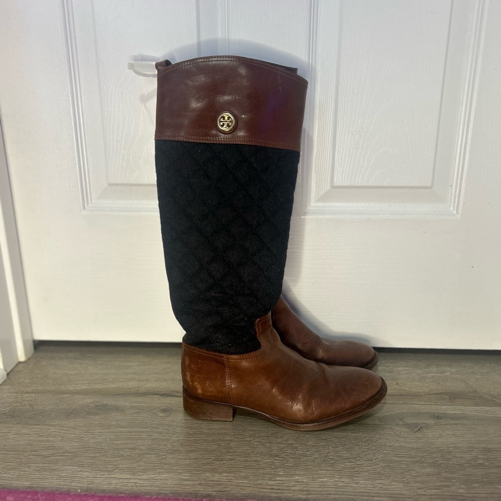 Tory Burch (W) Riding Boots - Rosalie Black Quilted Fabric, Brown Leather Sz 8